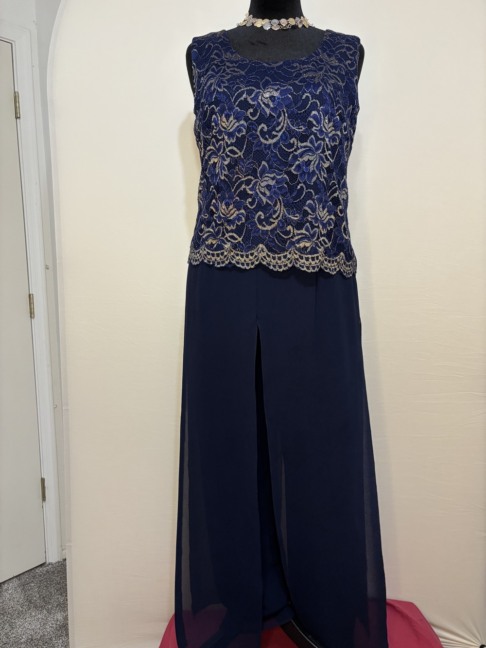 Vintage Karen Miller NY Navy Blue Lace & Chiffon Jumpsuit/Evening Pantsuit Sz 8
